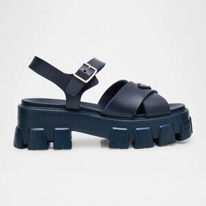 PRADA Triangle Logo Rubber Monolith Crisscross Platform Sandals Shoes